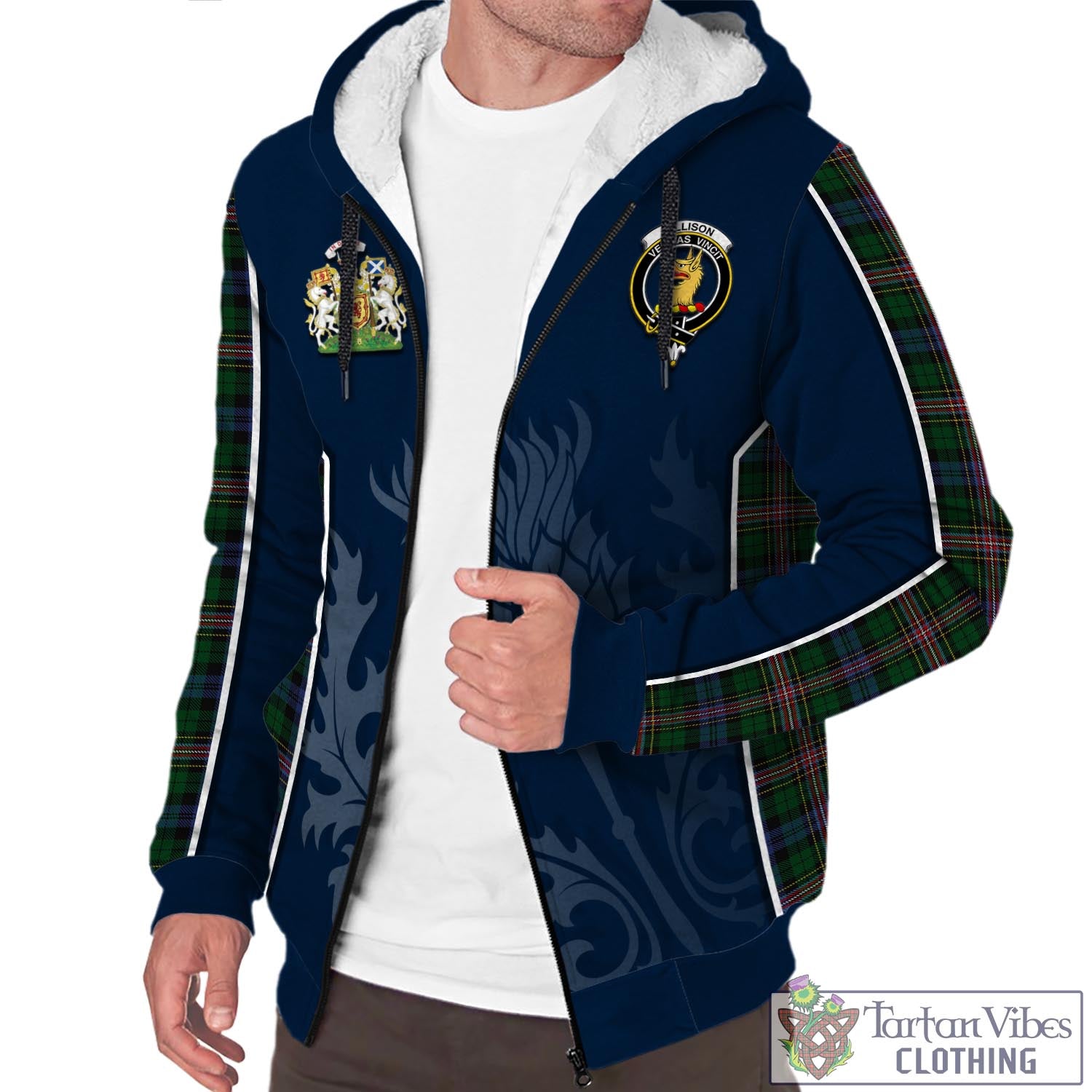 Tartan Vibes Clothing Allison Tartan Sherpa Hoodie with Family Crest and Scottish Thistle Vibes Sport Style