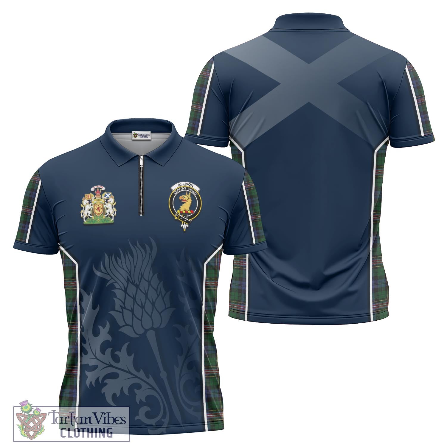 Tartan Vibes Clothing Allison Tartan Zipper Polo Shirt with Family Crest and Scottish Thistle Vibes Sport Style