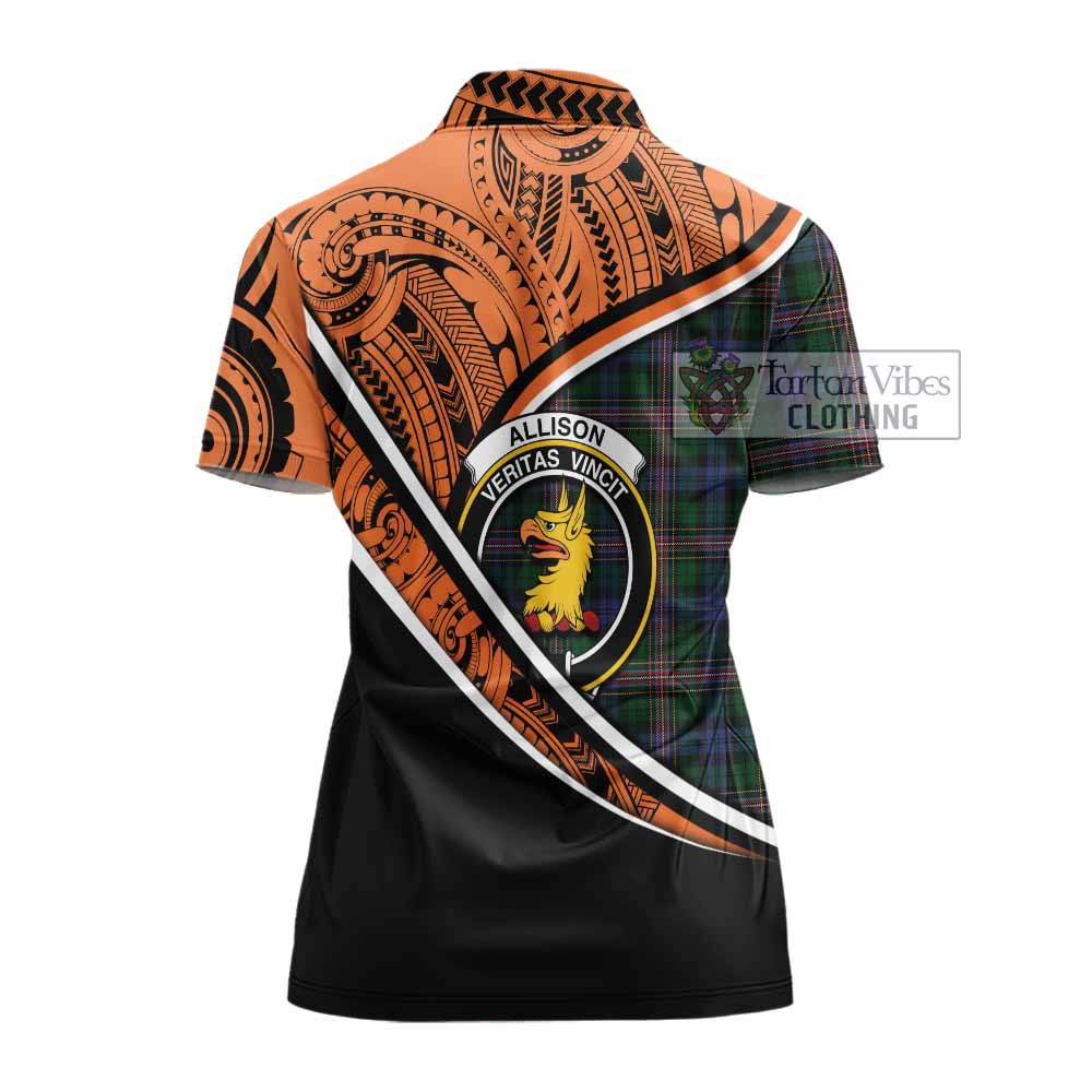 Tartan Vibes Clothing Allison Crest Tartan Women's Polo Shirt with Maori Tattoo Style - Orange Version