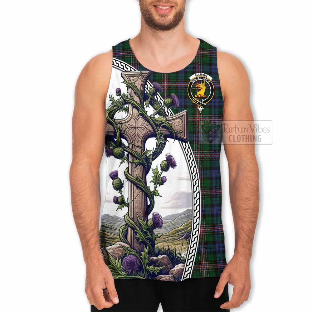 Tartan Vibes Clothing Allison Tartan Men's Tank Top with Family Crest and St. Andrew's Cross Accented by Thistle Vines