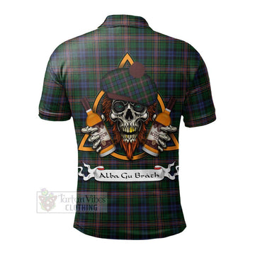 Allison Tartan Polo Shirt with Family Crest and Bearded Skull Holding Bottles of Whiskey