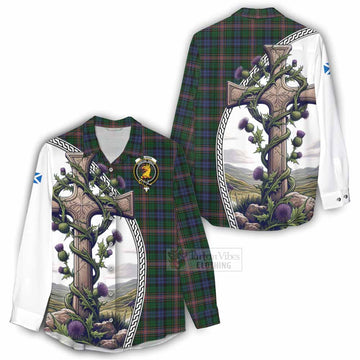 Allison Tartan Women's Casual Shirt with Family Crest and St. Andrew's Cross Accented by Thistle Vines