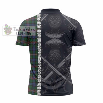 Allison Tartan Zipper Polo Shirt with Family Crest Cross Sword Thistle Celtic Vibes