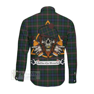 Allison Tartan Long Sleeve Button Shirt with Family Crest and Bearded Skull Holding Bottles of Whiskey