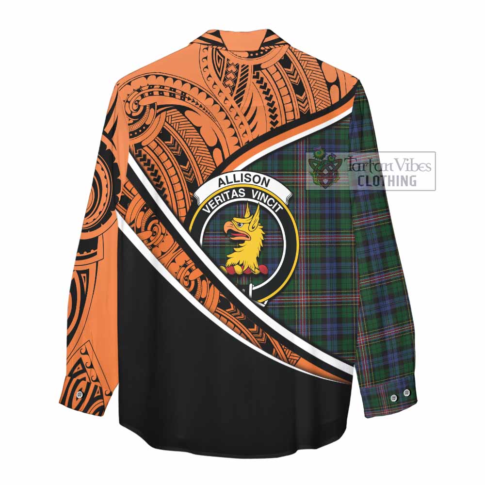 Tartan Vibes Clothing Allison Crest Tartan Women's Casual Shirt with Maori Tattoo Style - Orange Version