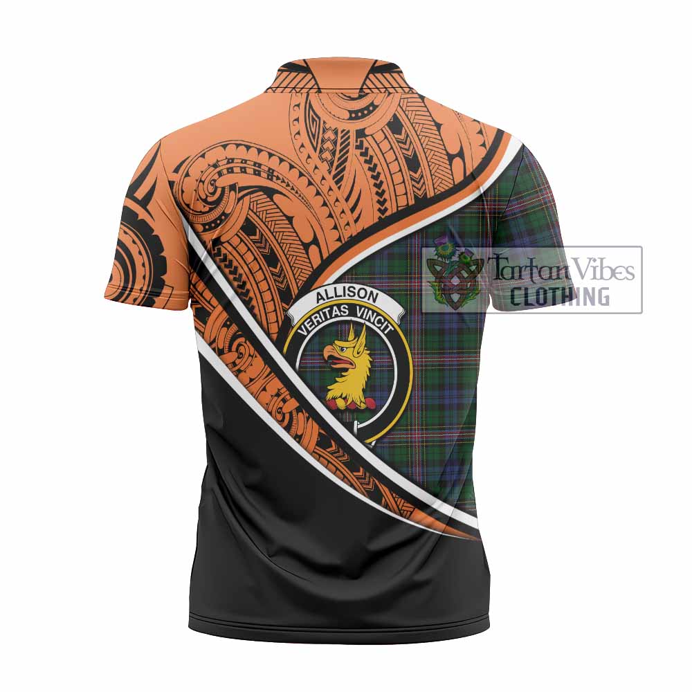 Tartan Vibes Clothing Allison Crest Tartan Zipper Polo Shirt with Maori Tattoo Style - Orange Version