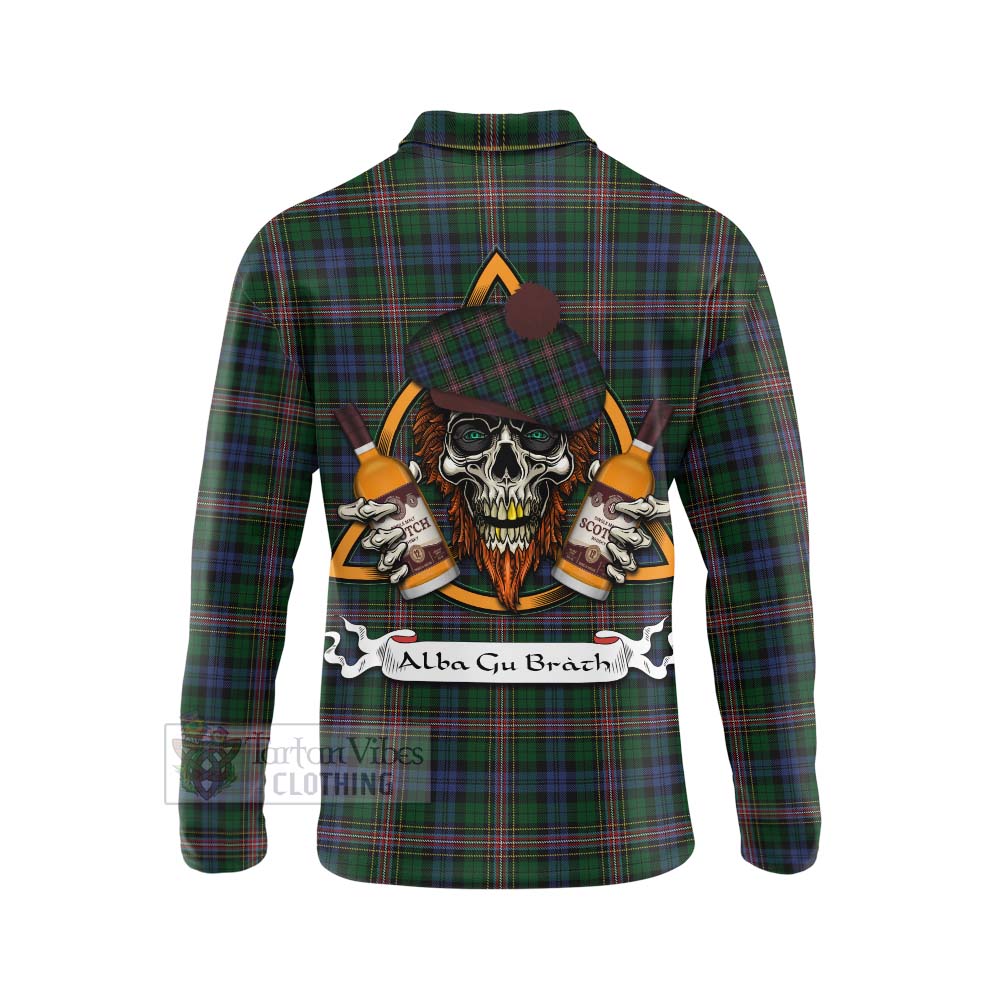 Tartan Vibes Clothing Allison Tartan Long Sleeve Polo Shirt with Family Crest and Bearded Skull Holding Bottles of Whiskey