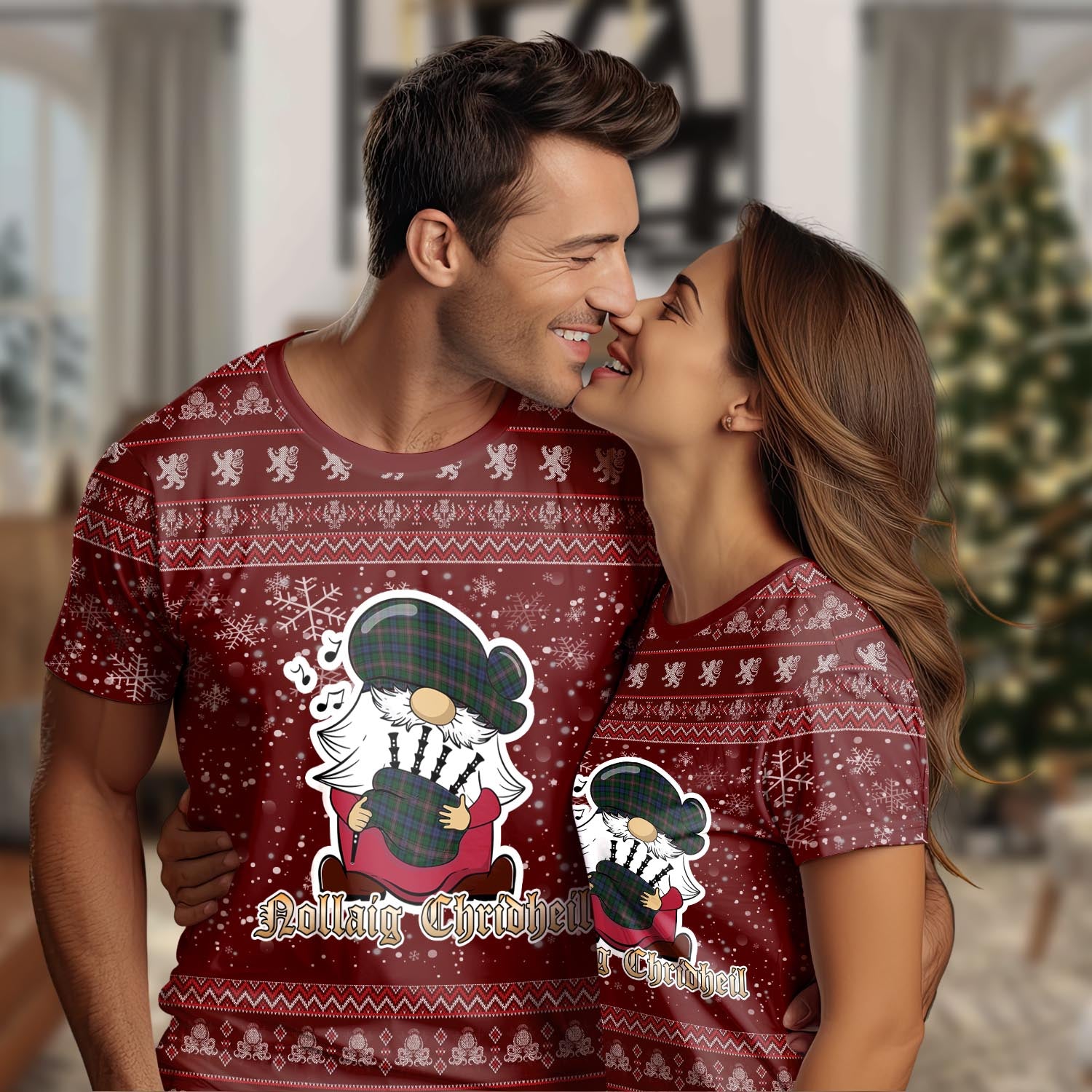 Allison Clan Christmas Family T-Shirt with Funny Gnome Playing Bagpipes Women's Shirt Red - Tartanvibesclothing