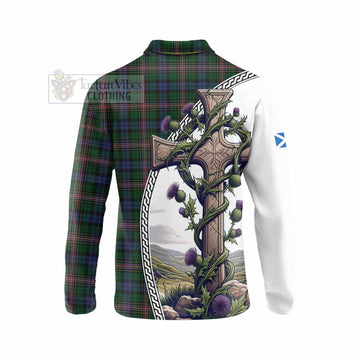 Allison Tartan Long Sleeve Polo Shirt with Family Crest and St. Andrew's Cross Accented by Thistle Vines