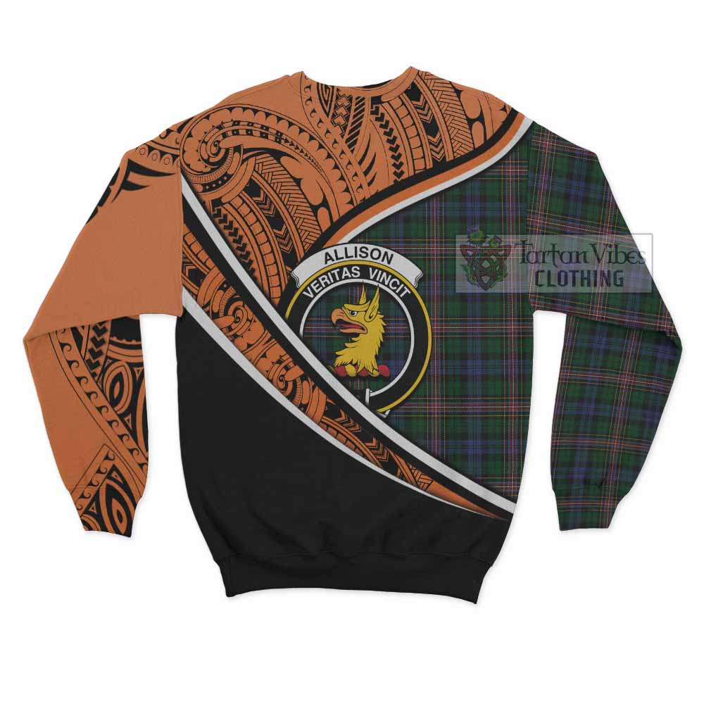 Tartan Vibes Clothing Allison Crest Tartan Sweatshirt with Maori Tattoo Style - Orange Version