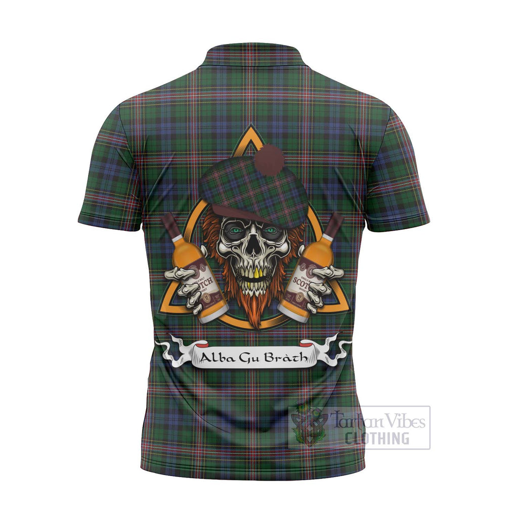 Tartan Vibes Clothing Allison Tartan Zipper Polo Shirt with Family Crest and Bearded Skull Holding Bottles of Whiskey