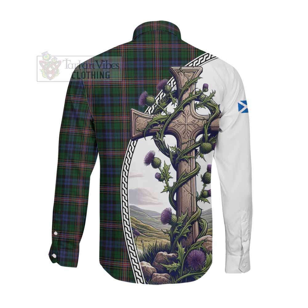 Tartan Vibes Clothing Allison Tartan Long Sleeve Button Shirt with Family Crest and St. Andrew's Cross Accented by Thistle Vines