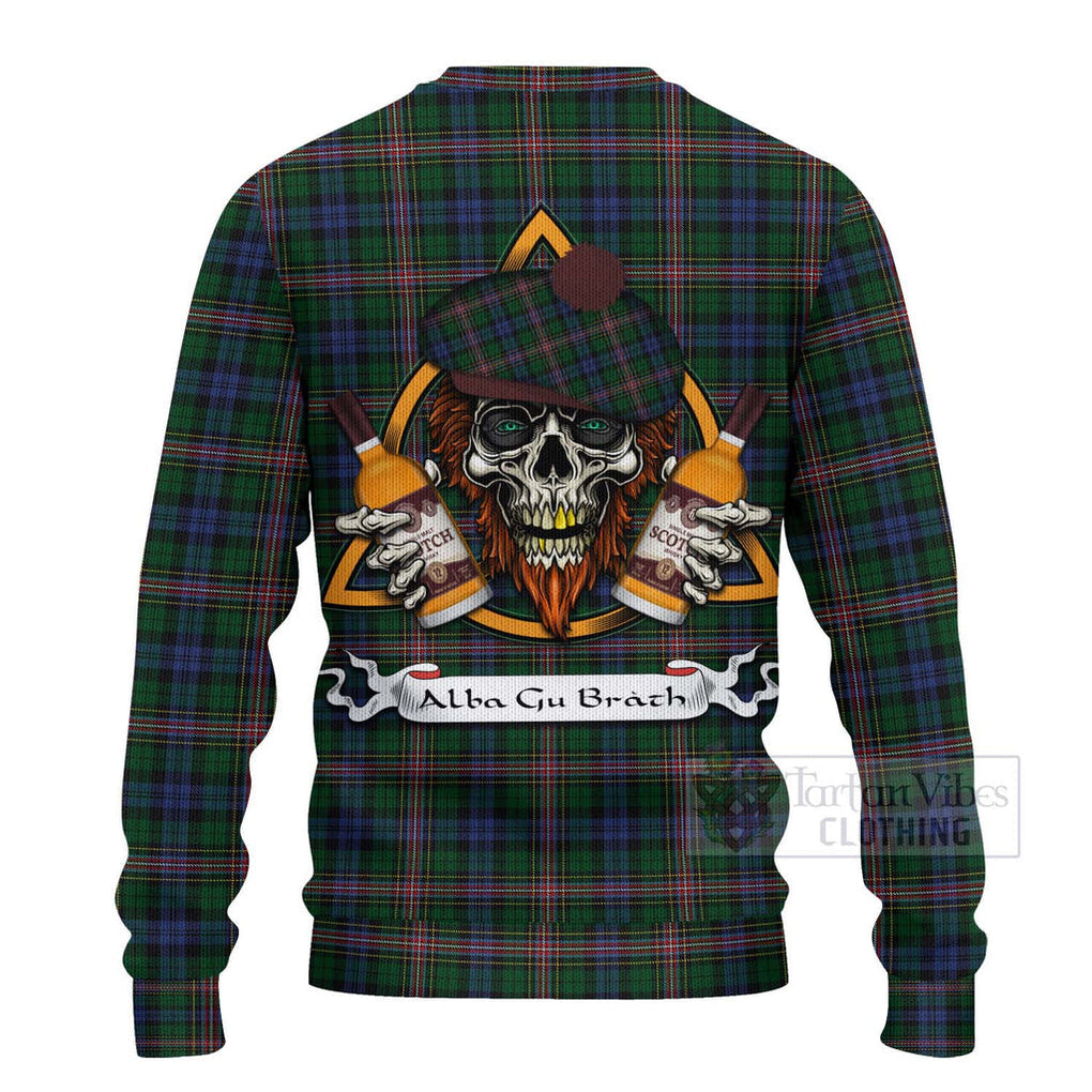 Tartan Vibes Clothing Allison Tartan Knitted Sweater with Family Crest and Bearded Skull Holding Bottles of Whiskey