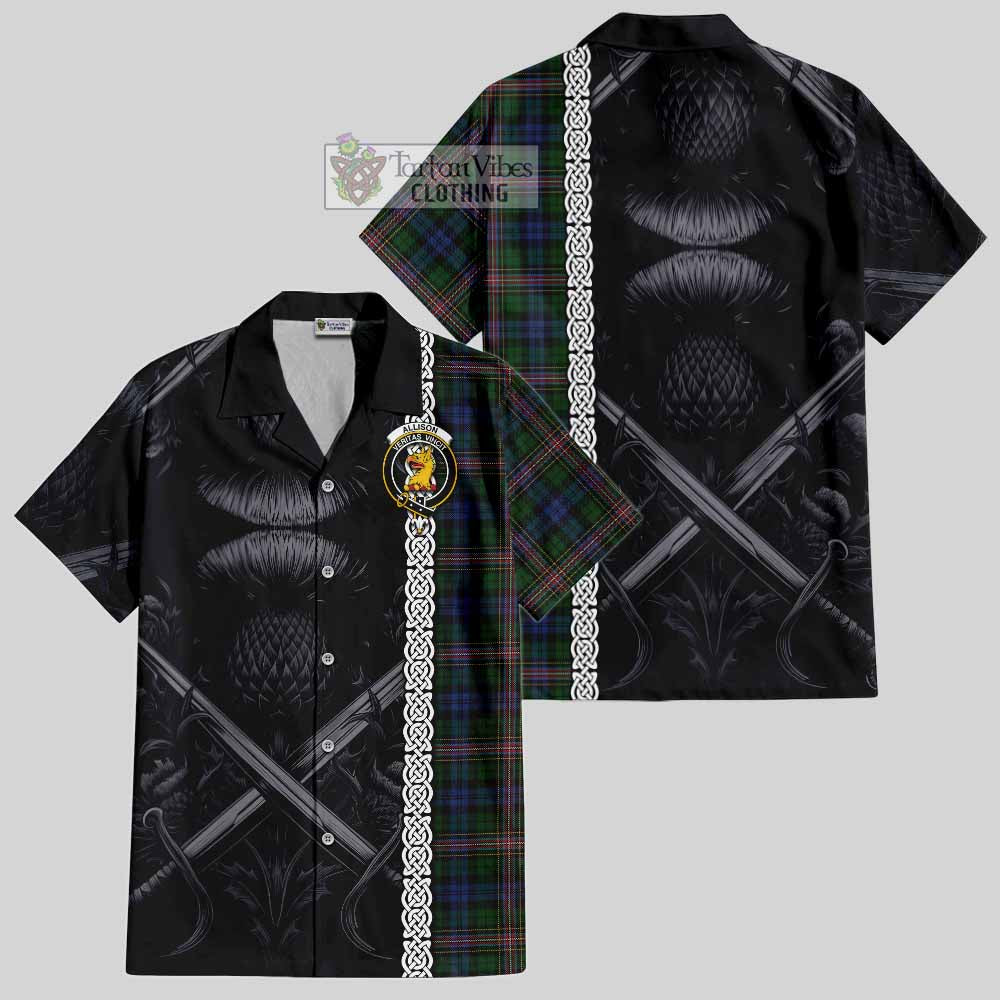 Tartan Vibes Clothing Allison Tartan Short Sleeve Button Shirt with Family Crest Cross Sword Thistle Celtic Vibes