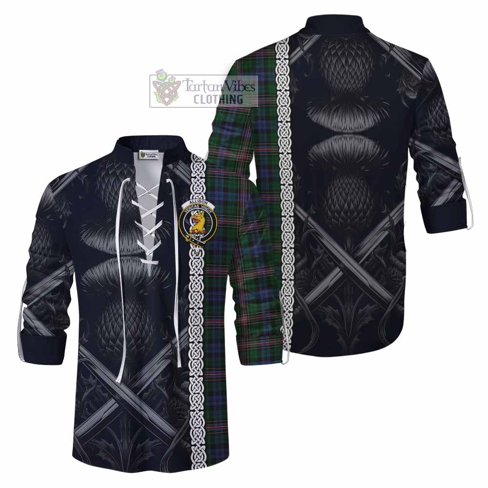 Tartan Vibes Clothing Allison Tartan Ghillie Kilt Shirt with Family Crest Cross Sword Thistle Celtic Vibes