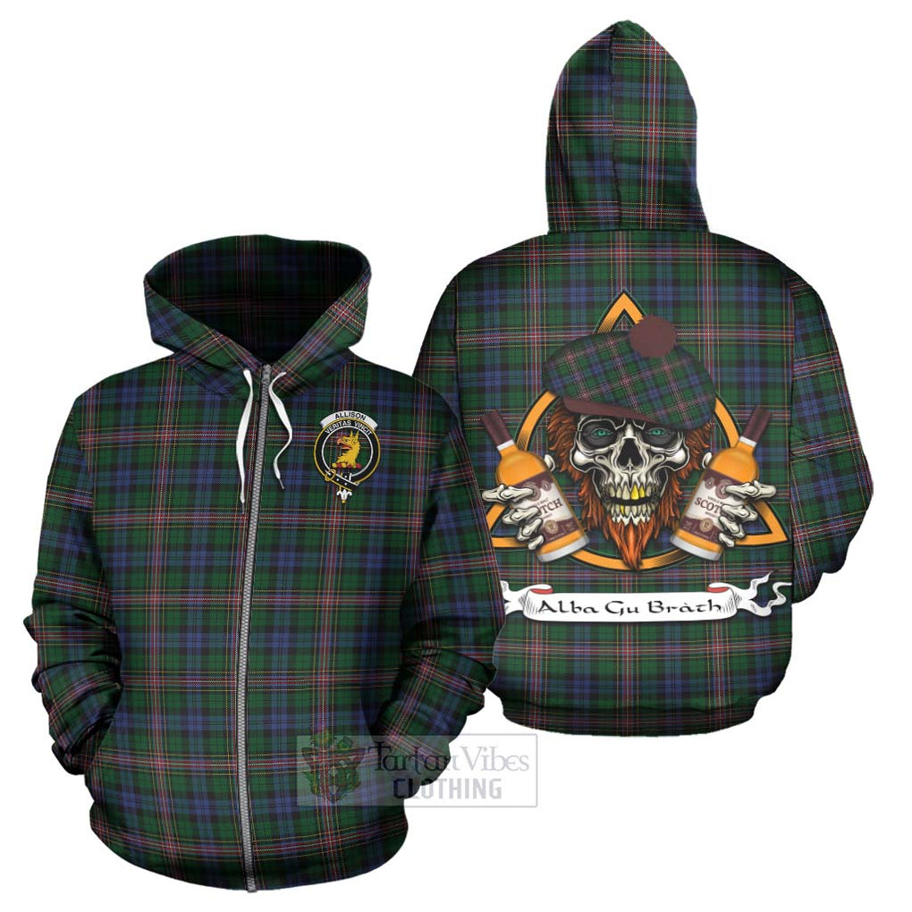 Tartan Vibes Clothing Allison Tartan Hoodie with Family Crest and Bearded Skull Holding Bottles of Whiskey