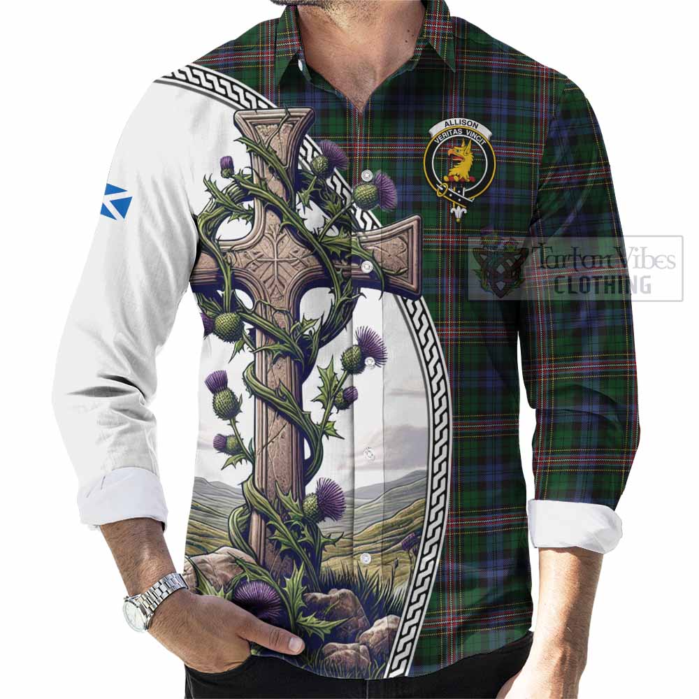 Tartan Vibes Clothing Allison Tartan Long Sleeve Button Shirt with Family Crest and St. Andrew's Cross Accented by Thistle Vines