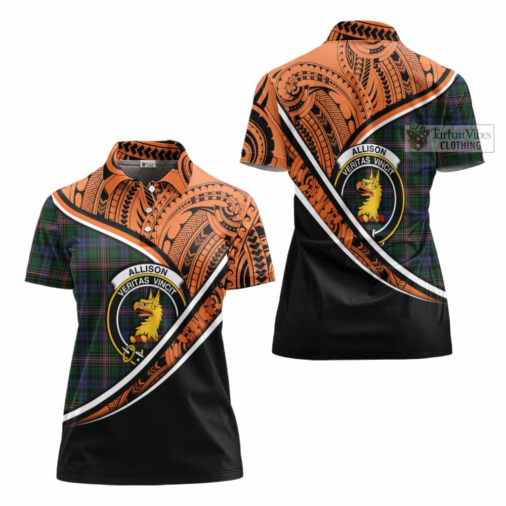 Tartan Vibes Clothing Allison Crest Tartan Women's Polo Shirt with Maori Tattoo Style - Orange Version