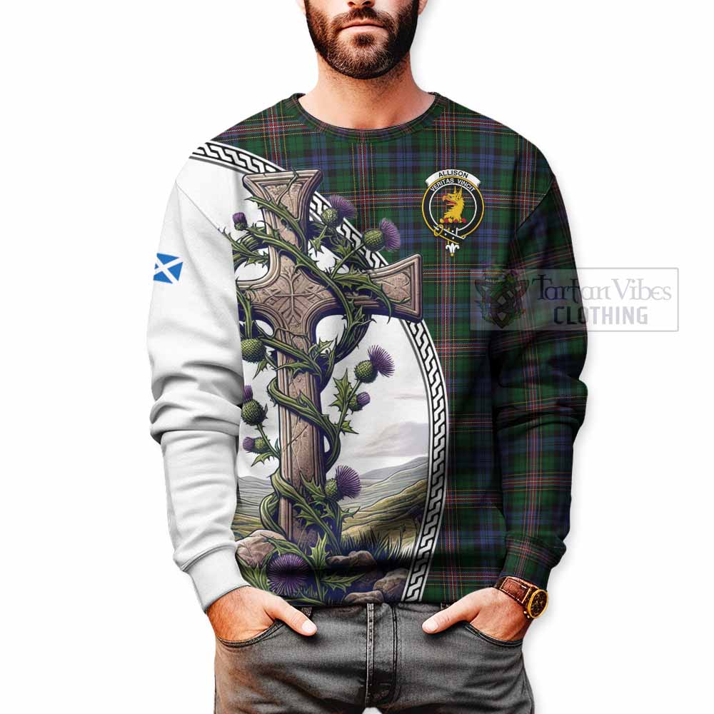 Tartan Vibes Clothing Allison Tartan Sweatshirt with Family Crest and St. Andrew's Cross Accented by Thistle Vines