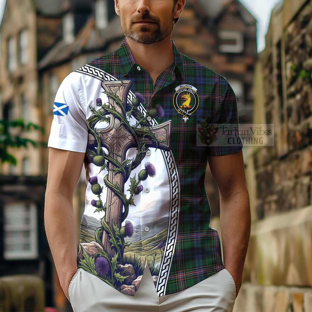 Tartan Vibes Clothing Allison Tartan Short Sleeve Button Shirt with Family Crest and St. Andrew's Cross Accented by Thistle Vines