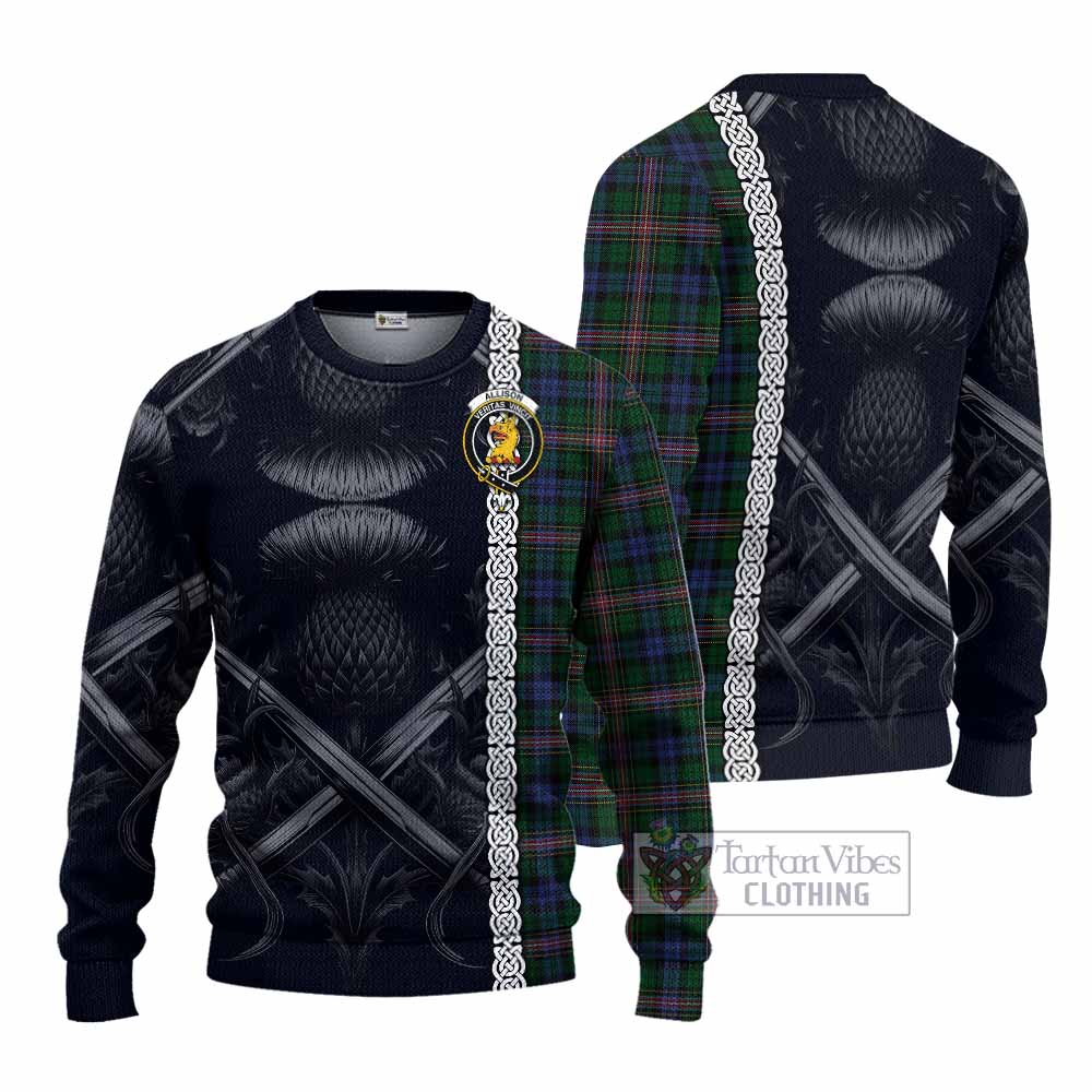 Allison Tartan Knitted Sweater with Family Crest Cross Sword Thistle Celtic Vibes - Tartan Vibes Clothing
