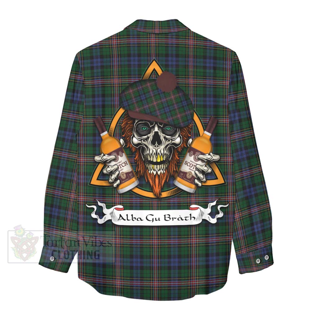 Tartan Vibes Clothing Allison Tartan Women's Casual Shirt with Family Crest and Bearded Skull Holding Bottles of Whiskey