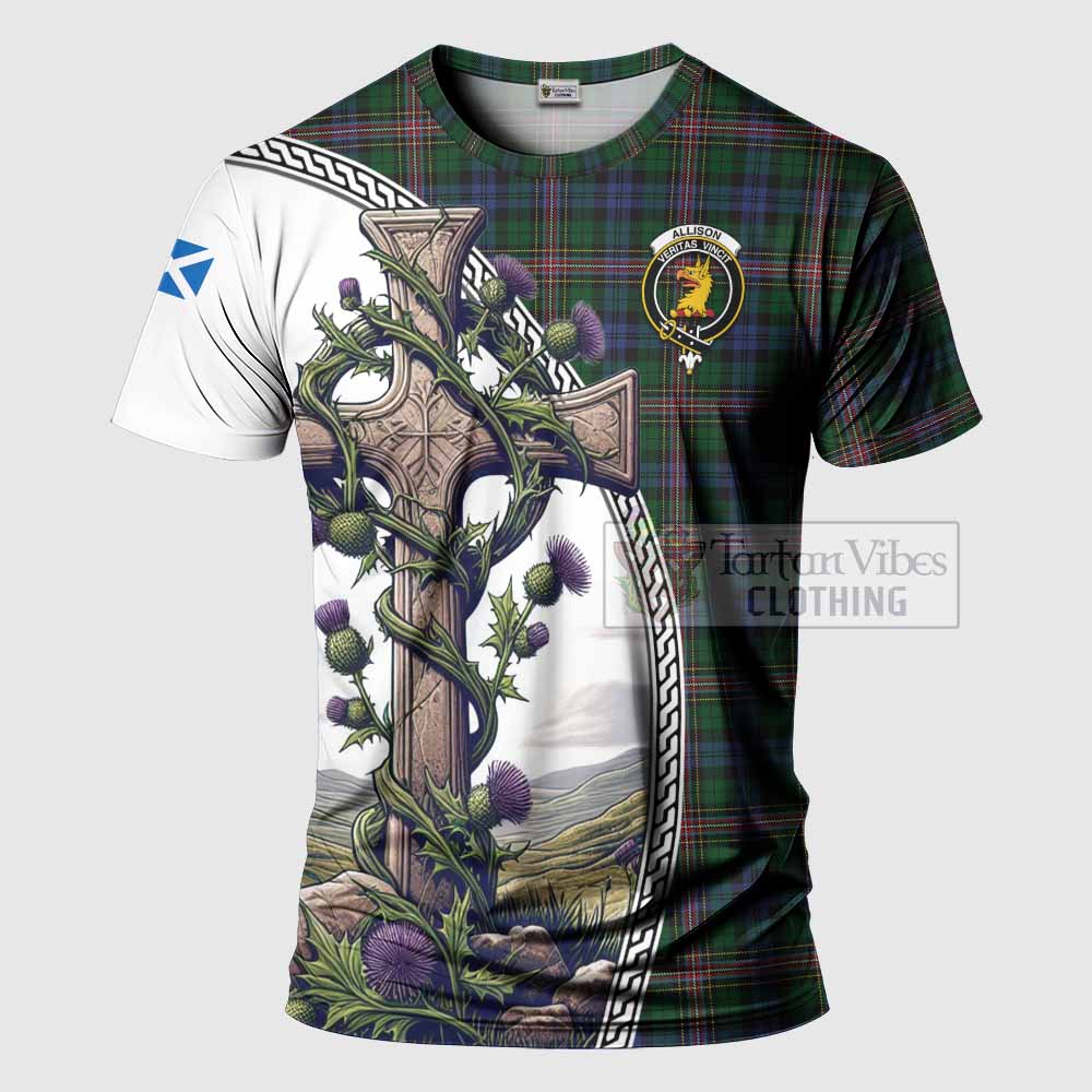 Tartan Vibes Clothing Allison Agnew Tartan T-Shirt with Family Crest and St. Andrew's Cross Accented by Thistle Vines