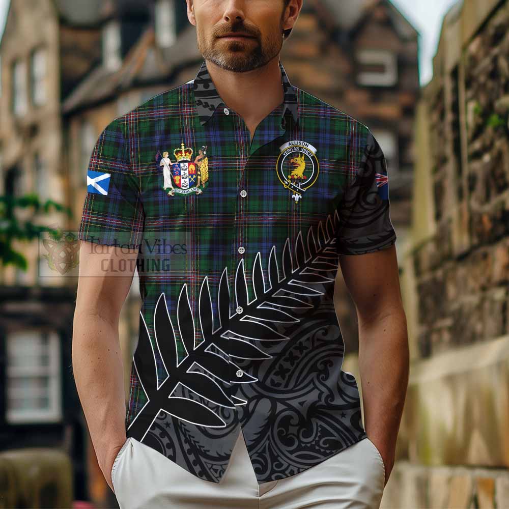 Tartan Vibes Clothing Allison Crest Tartan Short Sleeve Button Shirt with New Zealand Silver Fern Half Style