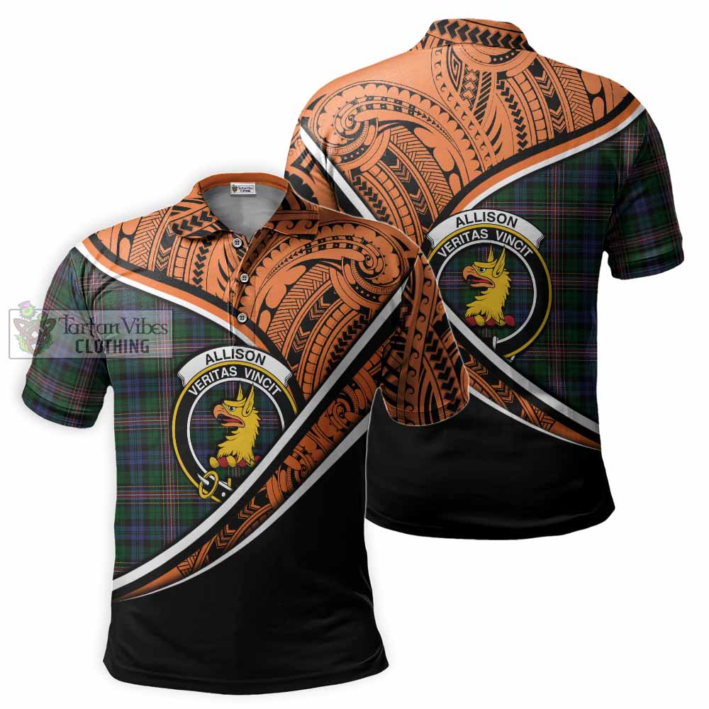 Tartan Vibes Clothing Allison Crest Tartan Polo Shirt with Maori Tattoo Style - Orange Version