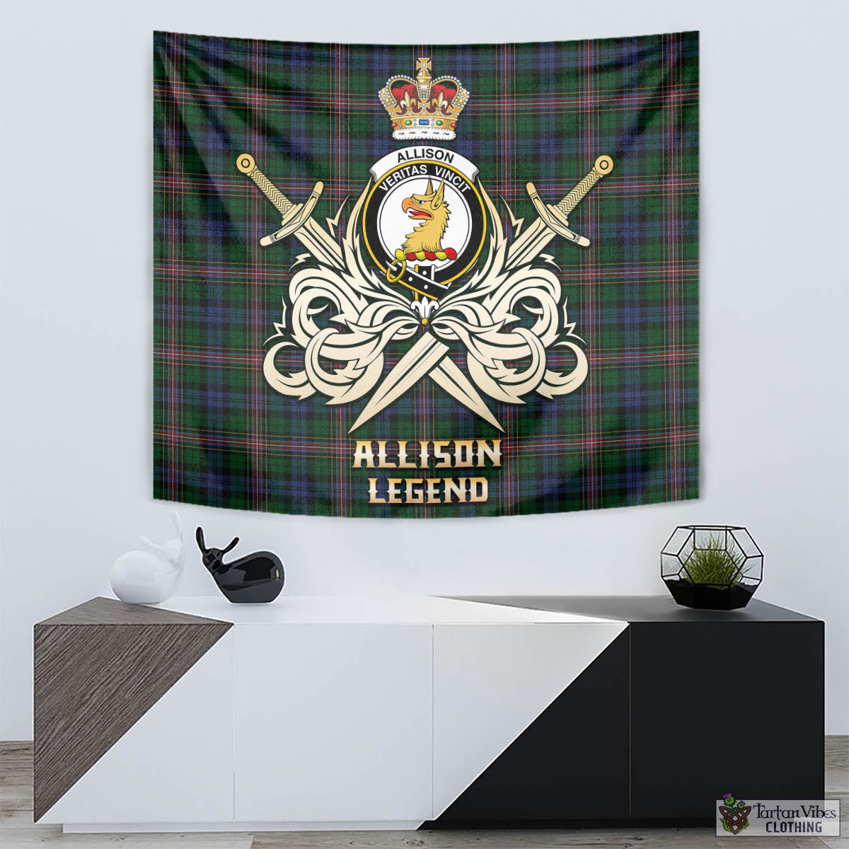 Tartan Vibes Clothing Allison Tartan Tapestry with Clan Crest and the Golden Sword of Courageous Legacy