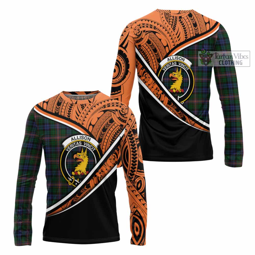 Tartan Vibes Clothing Allison Crest Tartan Long Sleeve T-Shirt with Maori Tattoo Style - Orange Version