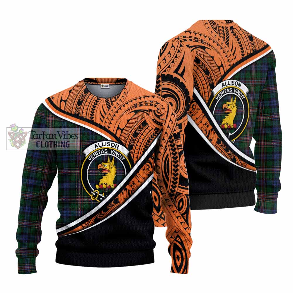 Tartan Vibes Clothing Allison Crest Tartan Knitted Sweater with Maori Tattoo Style - Orange Version