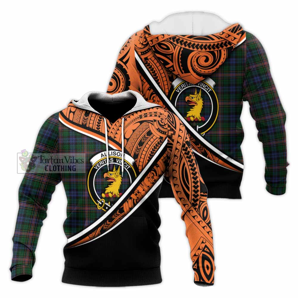 Tartan Vibes Clothing Allison Crest Tartan Knitted Hoodie with Maori Tattoo Style - Orange Version