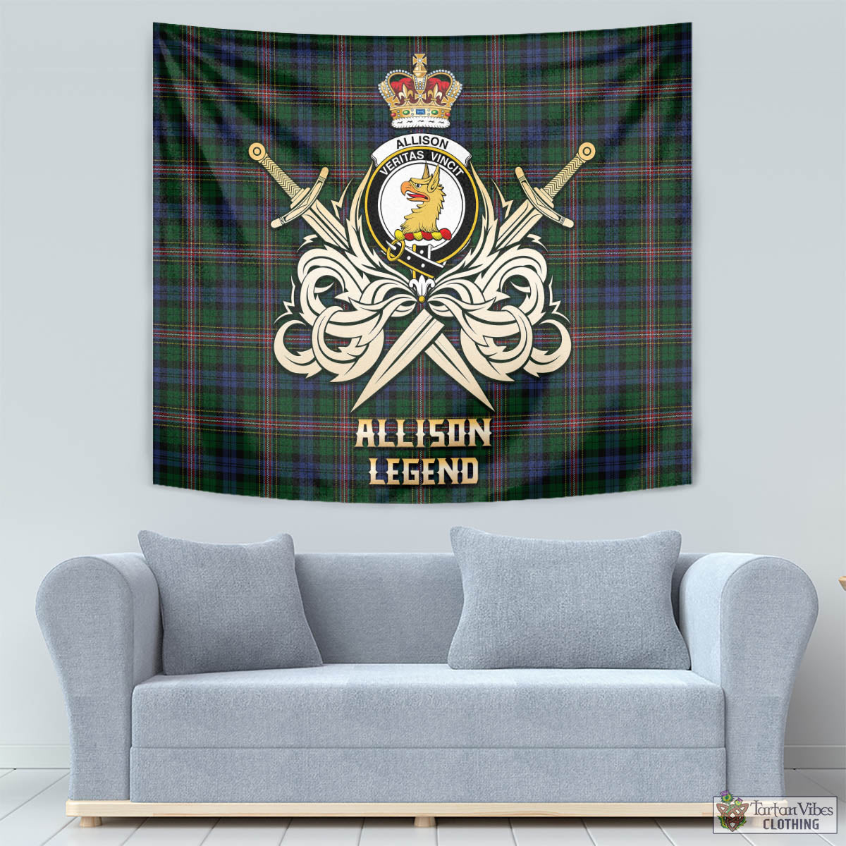 Tartan Vibes Clothing Allison Tartan Tapestry with Clan Crest and the Golden Sword of Courageous Legacy