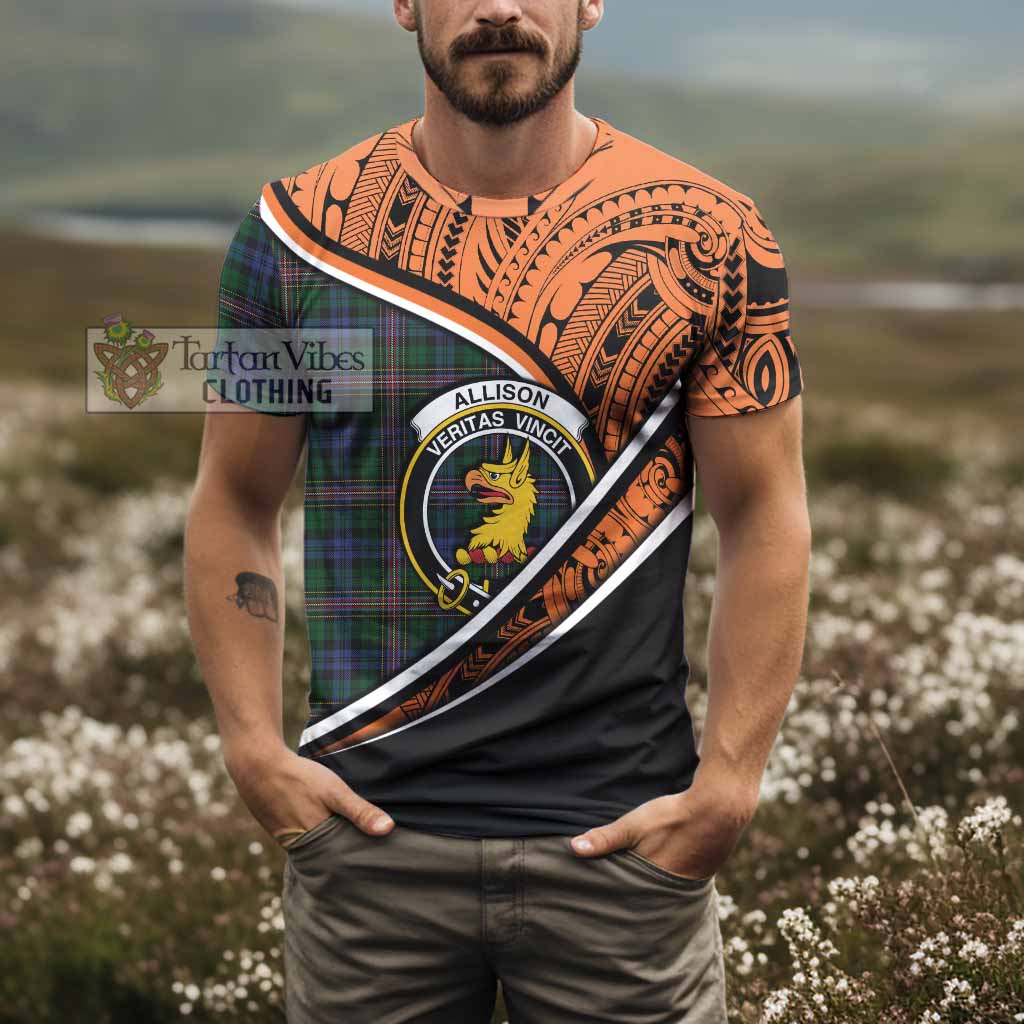 Tartan Vibes Clothing Allison Crest Tartan T-Shirt with Maori Tattoo Style - Orange Version