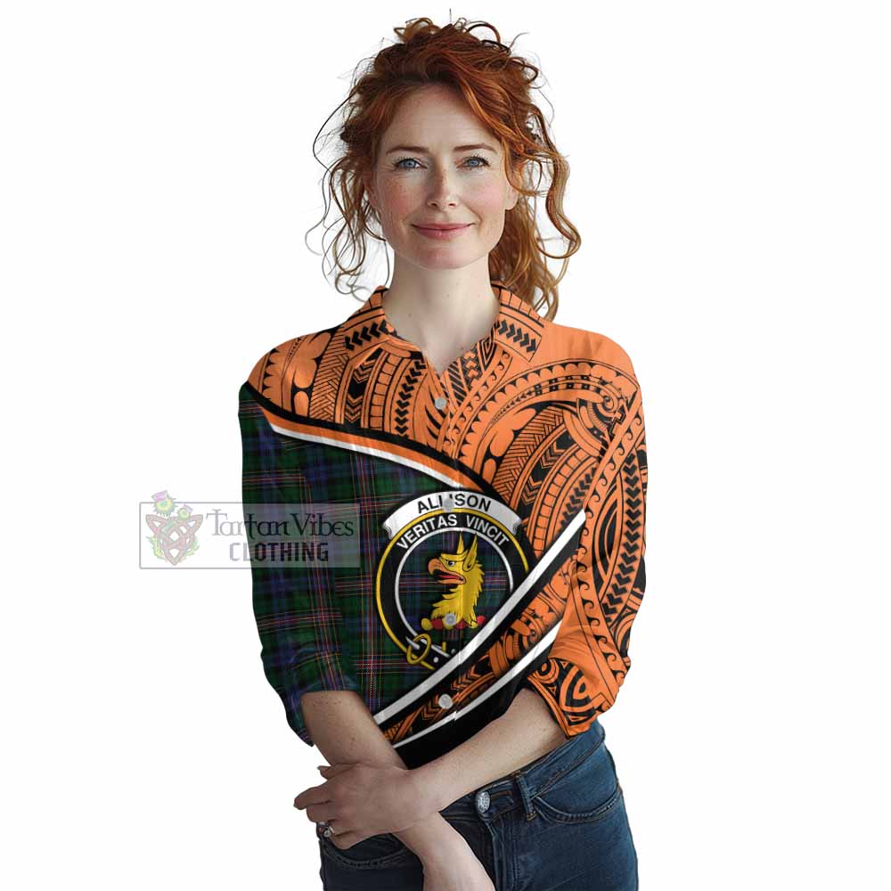 Tartan Vibes Clothing Allison Crest Tartan Women's Casual Shirt with Maori Tattoo Style - Orange Version