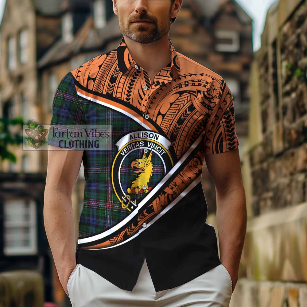 Tartan Vibes Clothing Allison Crest Tartan Short Sleeve Button Shirt with Maori Tattoo Style - Orange Version