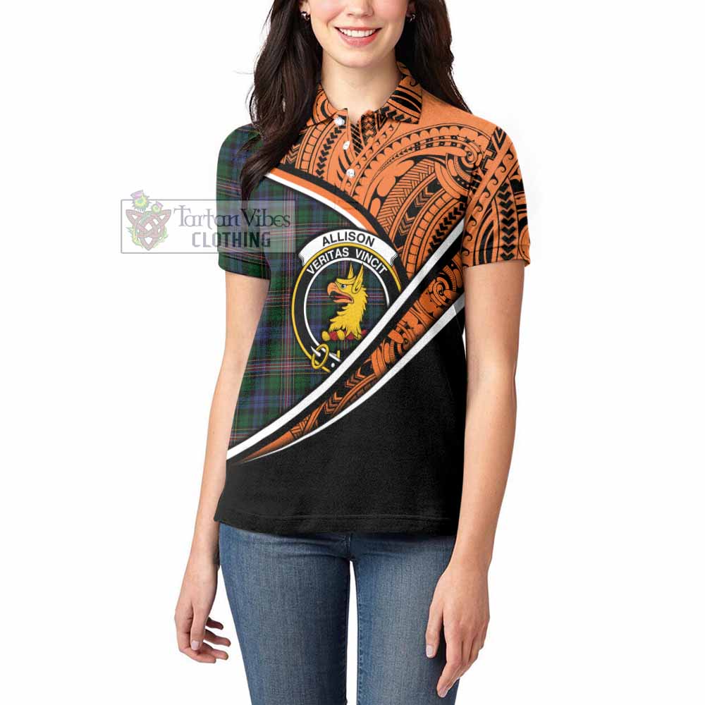 Tartan Vibes Clothing Allison Crest Tartan Women's Polo Shirt with Maori Tattoo Style - Orange Version