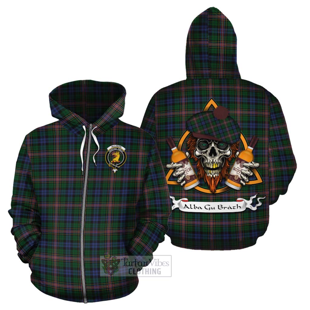 Tartan Vibes Clothing Allison Tartan Cotton Hoodie with Family Crest and Bearded Skull Holding Bottles of Whiskey