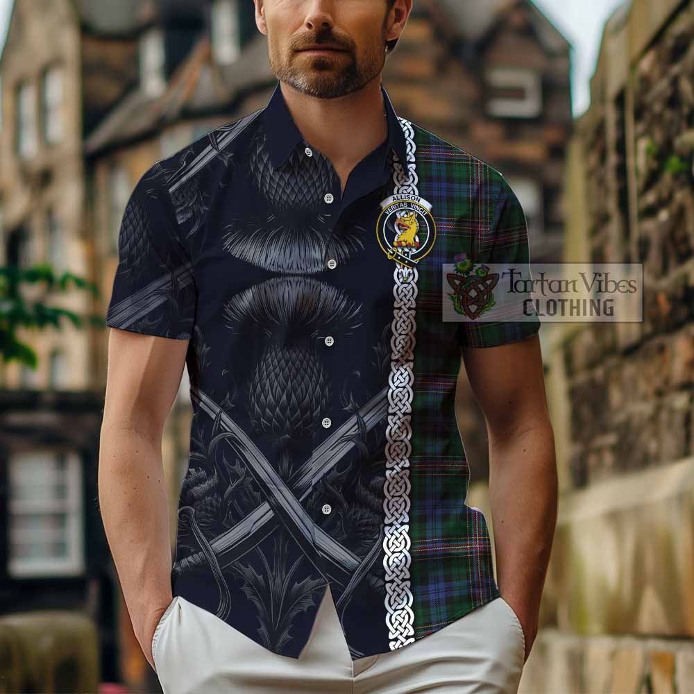 Tartan Vibes Clothing Allison Tartan Short Sleeve Button Shirt with Family Crest Cross Sword Thistle Celtic Vibes