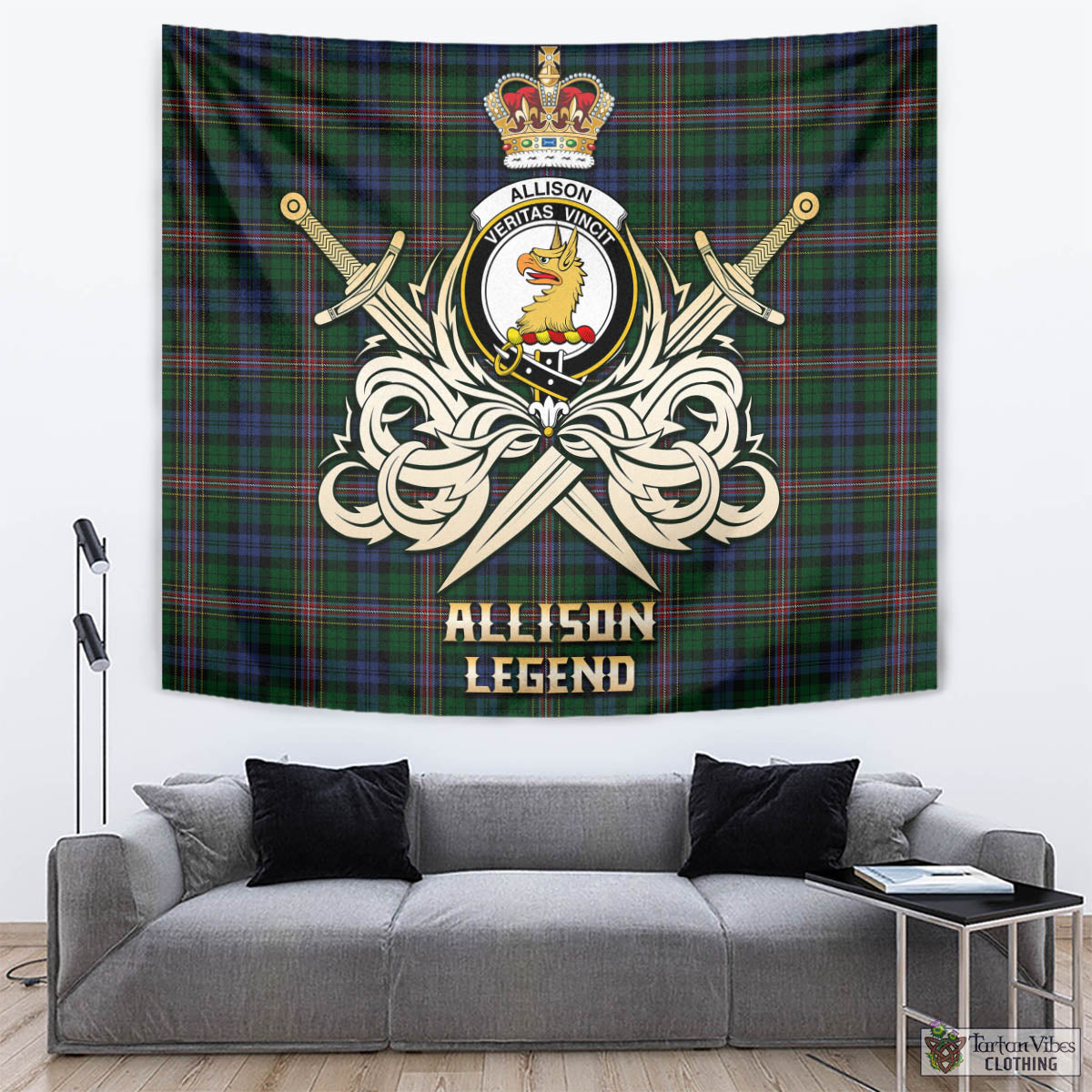 Tartan Vibes Clothing Allison Tartan Tapestry with Clan Crest and the Golden Sword of Courageous Legacy