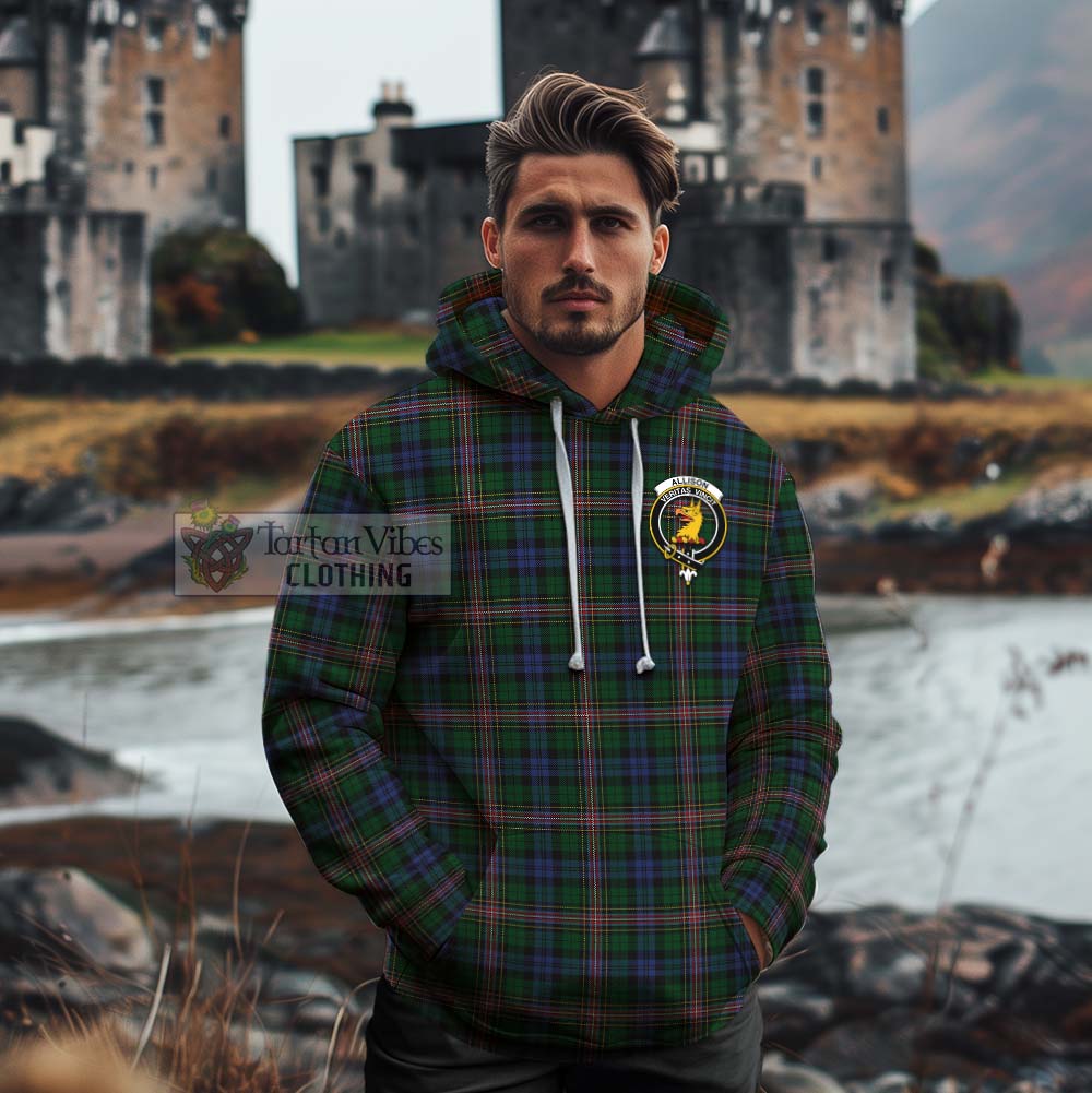 Tartan Vibes Clothing Allison Tartan Cotton Hoodie with Family Crest and Bearded Skull Holding Bottles of Whiskey