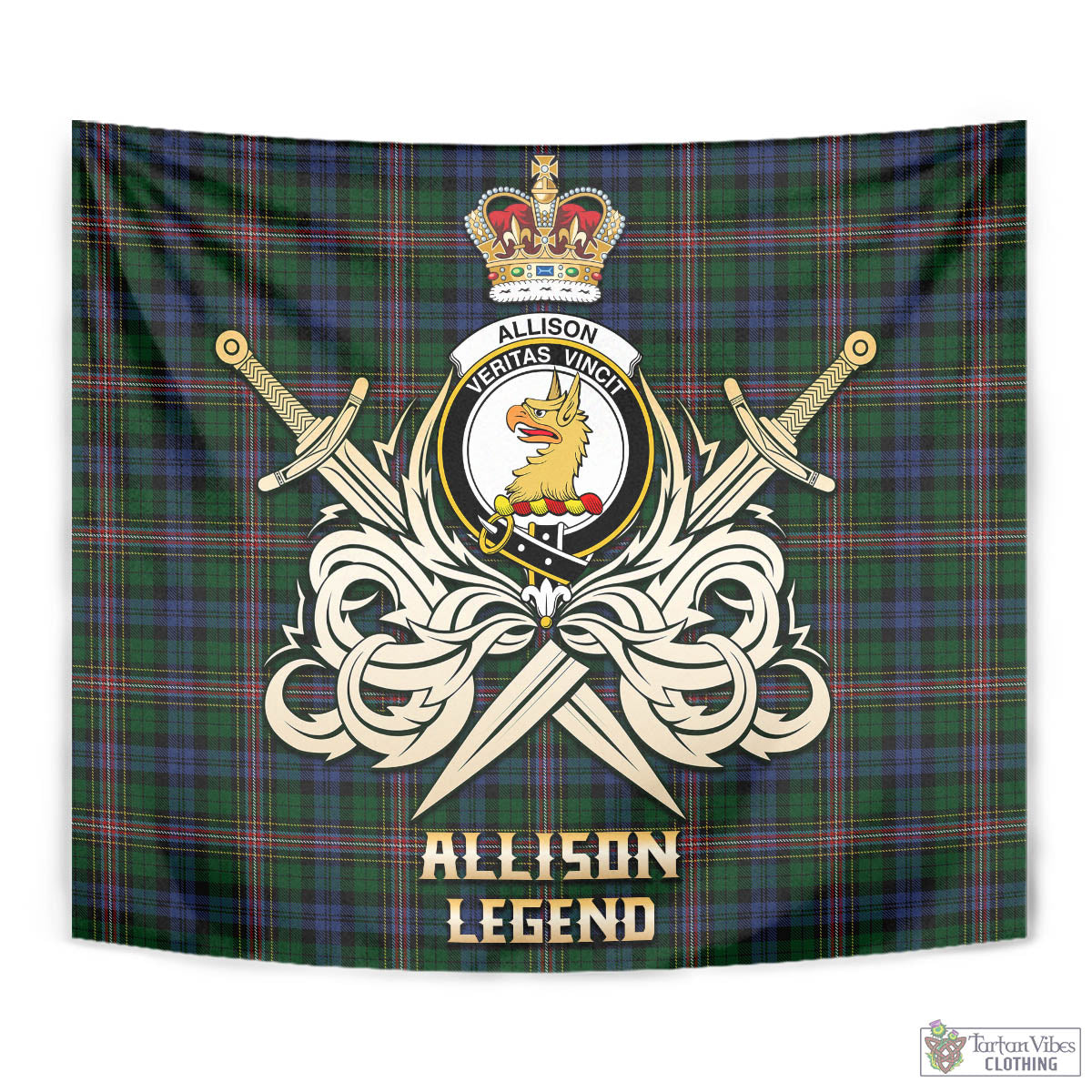 Tartan Vibes Clothing Allison Tartan Tapestry with Clan Crest and the Golden Sword of Courageous Legacy