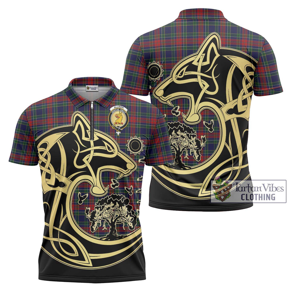 Allison Red Tartan Zipper Polo Shirt with Family Crest Celtic Wolf Style Unisex - Tartanvibesclothing Shop