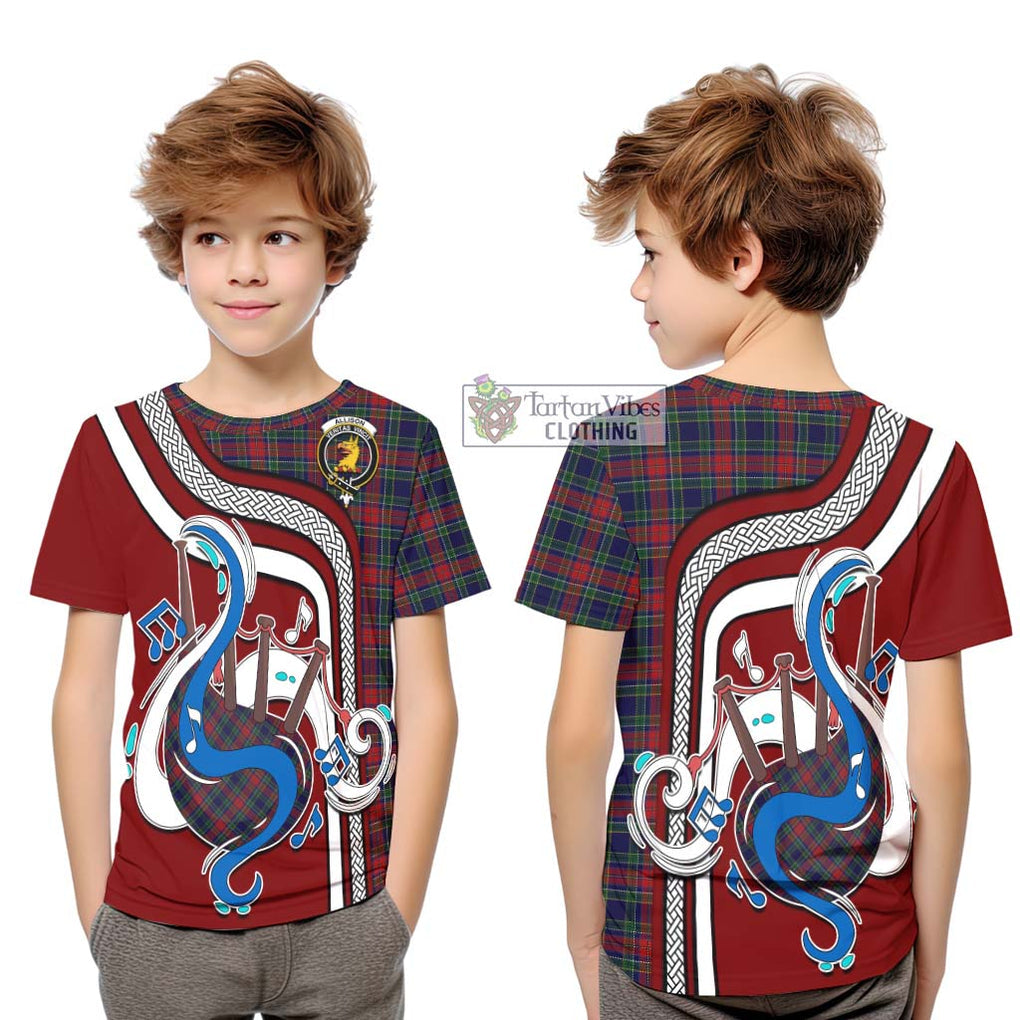 Tartan Vibes Clothing Allison Red Tartan Kid T-Shirt with Epic Bagpipe Style