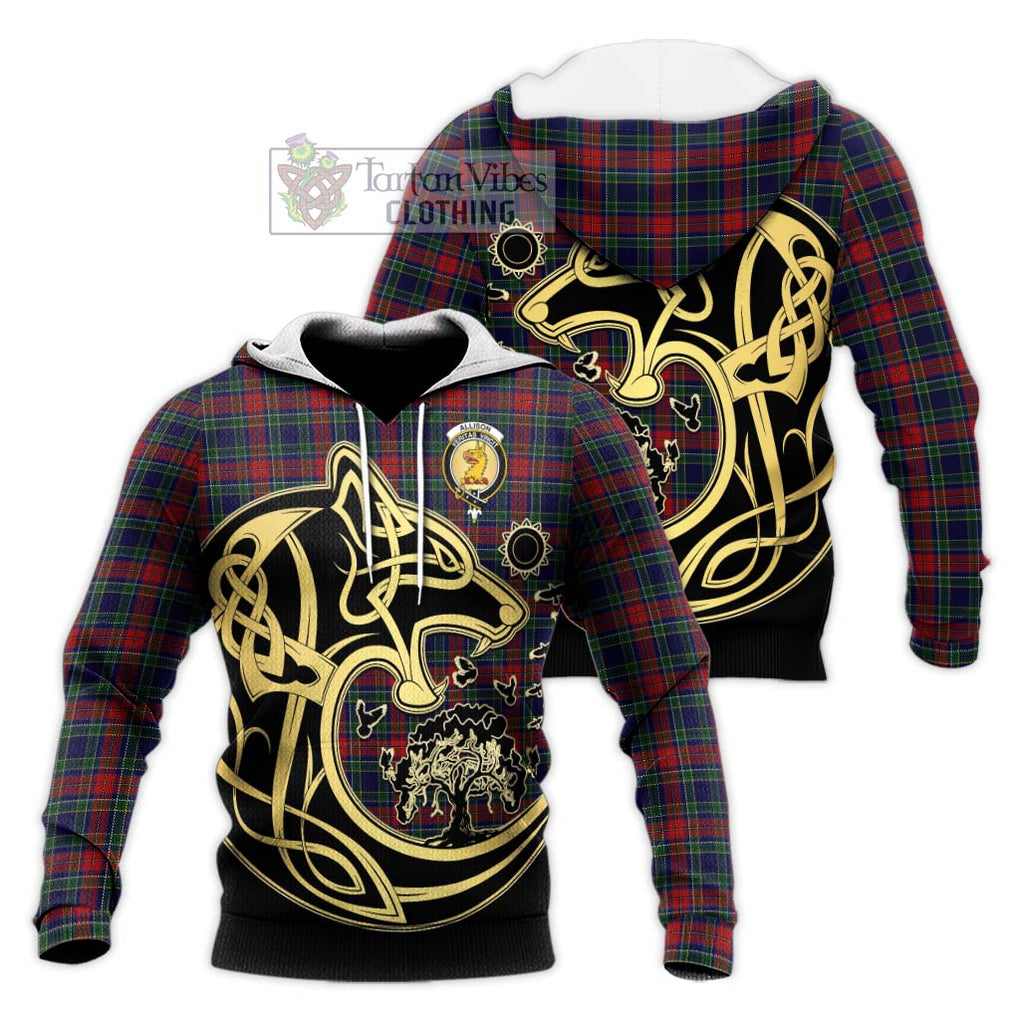 Allison Red Tartan Knitted Hoodie with Family Crest Celtic Wolf Style Unisex Knitted Pullover Hoodie - Tartan Vibes Clothing