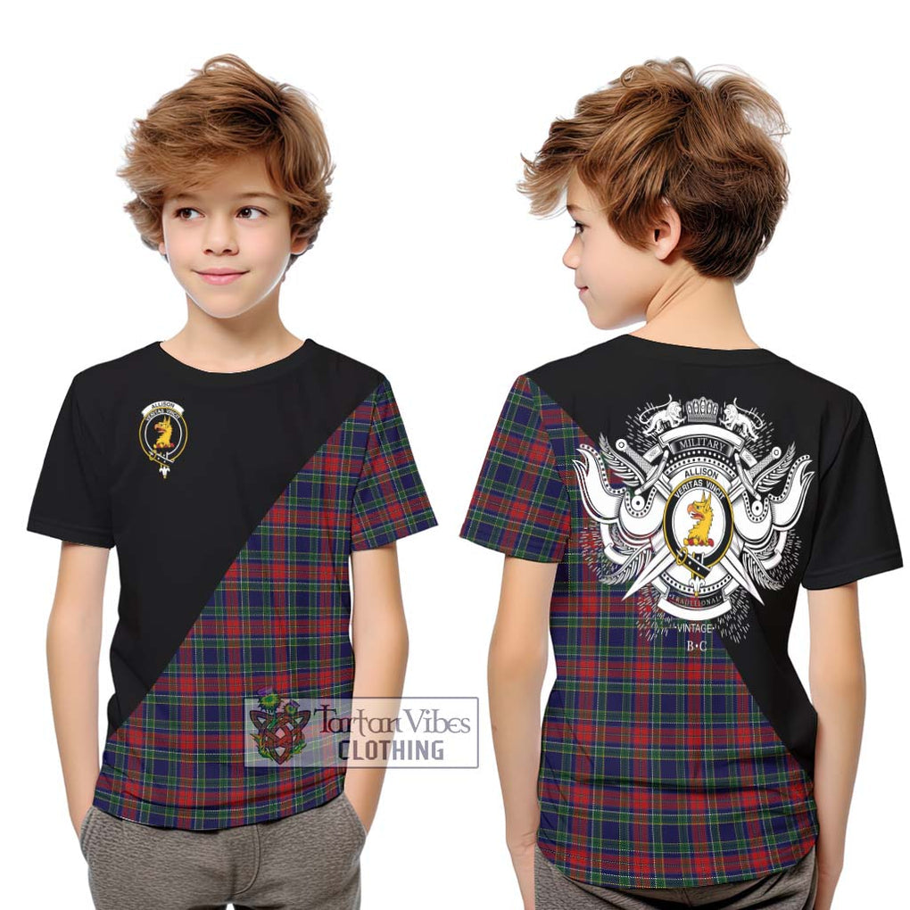 Allison Red Tartan Kid T-Shirt with Family Crest and Military Logo Style Youth XL Size14 - Tartanvibesclothing Shop