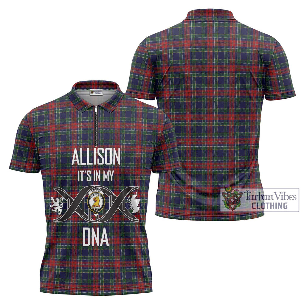 Allison Red Tartan Zipper Polo Shirt with Family Crest DNA In Me Style Unisex - Tartanvibesclothing Shop