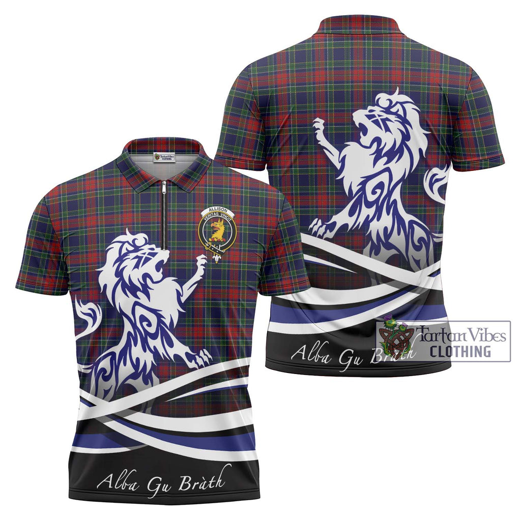 Allison Red Tartan Zipper Polo Shirt with Alba Gu Brath Regal Lion Emblem Unisex - Tartanvibesclothing Shop