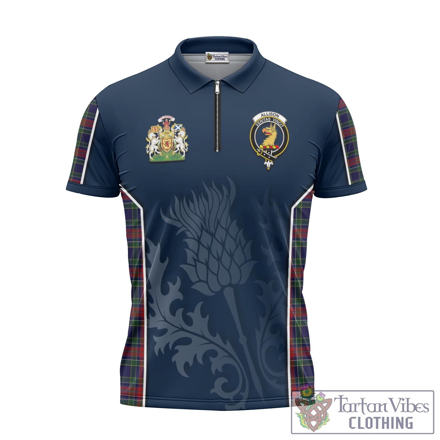 Tartan Vibes Clothing Allison Red Tartan Zipper Polo Shirt with Family Crest and Scottish Thistle Vibes Sport Style